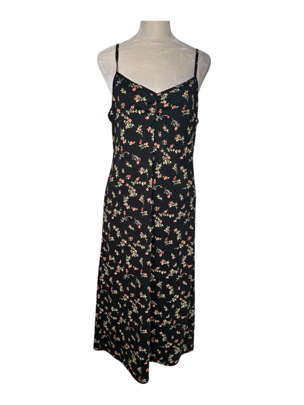 Vintage Ditsy Floral Slip Midi Dress Ruched Neckline Size Medium to Large Black